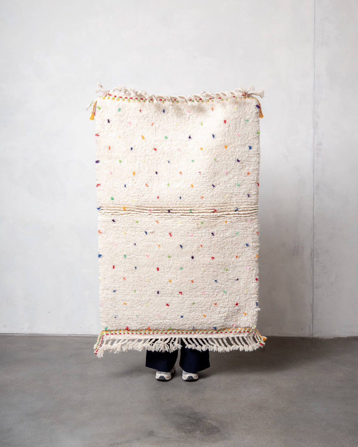Modern, designer, handcrafted Berber rug from Morocco. Beniourain carpet with beautiful colours and patterns and fluffy wool texture.